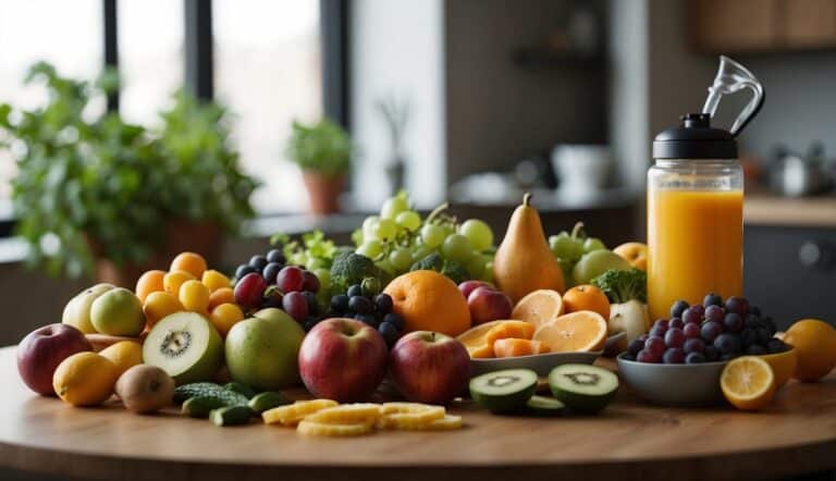 A table with fruits, vegetables, and lean protein. A quiver of arrows next to a water bottle and a balanced meal