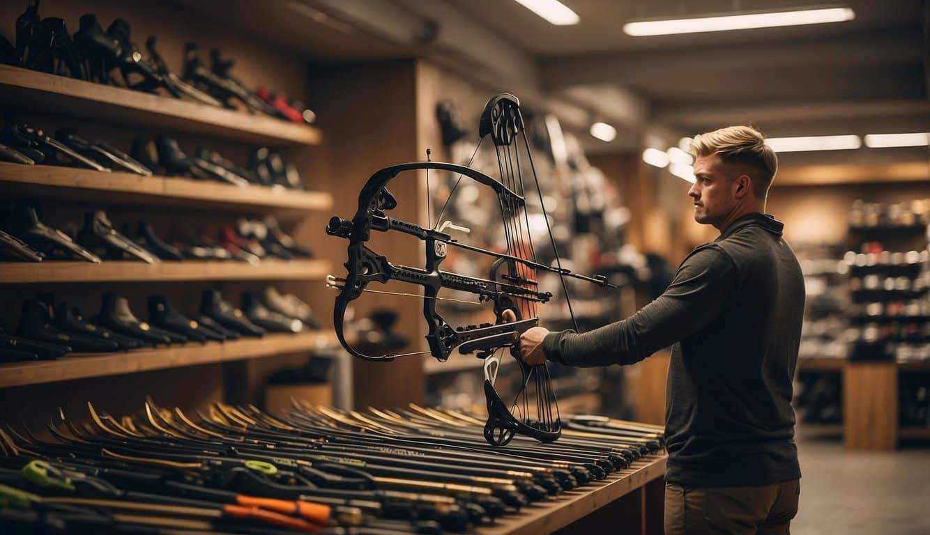 A person selecting archery equipment from a variety of bows, arrows, and accessories displayed on shelves and racks in a well-lit store