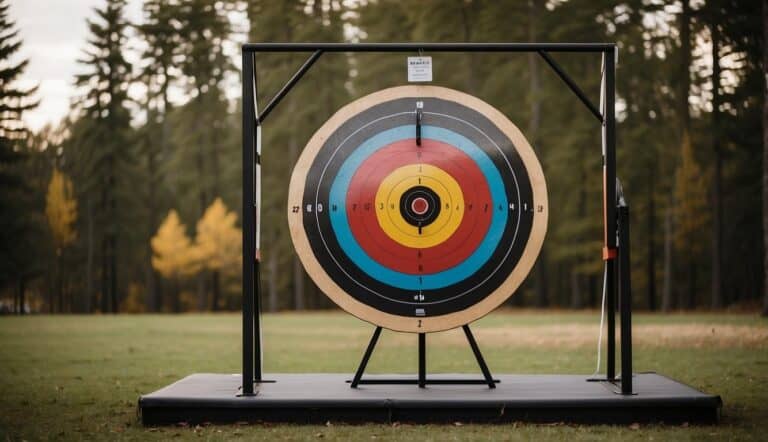 An archery target set up with safety barriers and clear signage for injury prevention