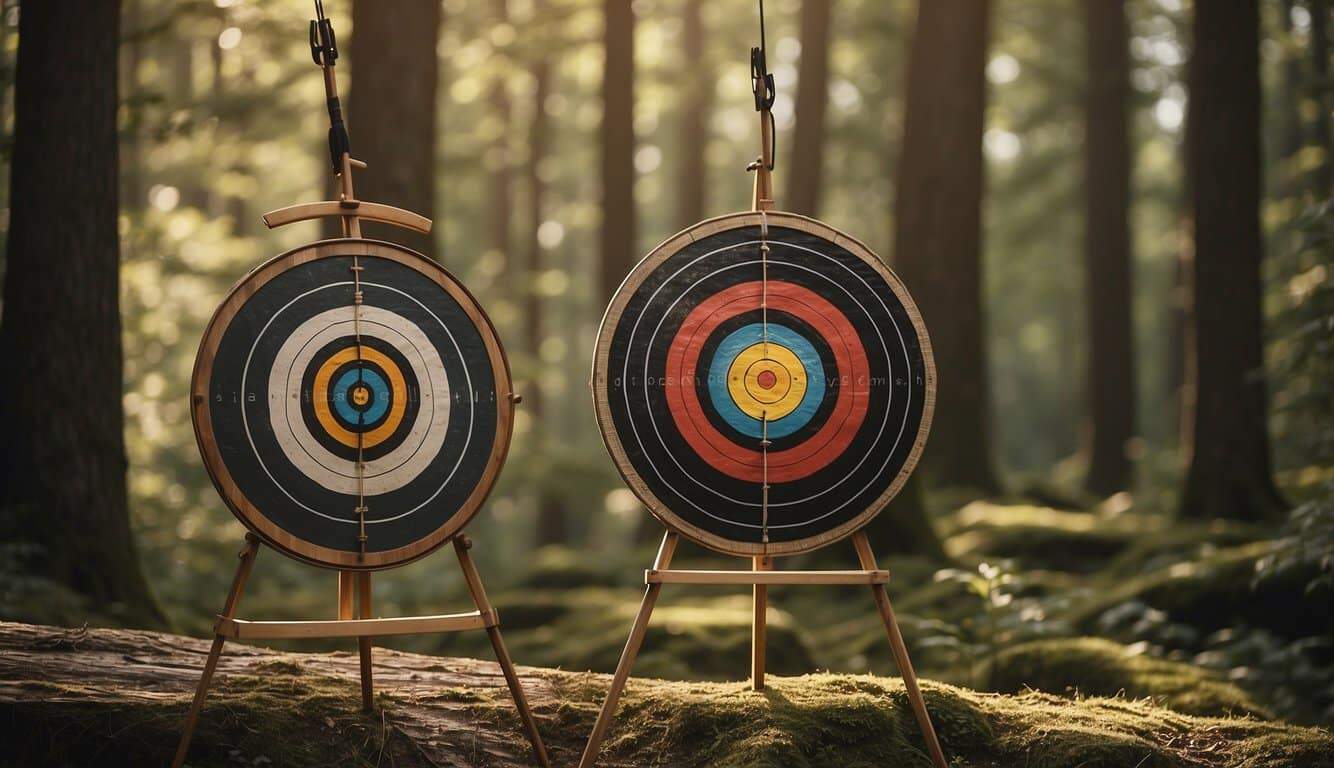 Two archery targets set at different distances, one with traditional wooden bows and arrows, the other with modern olympic-style bows and arrows