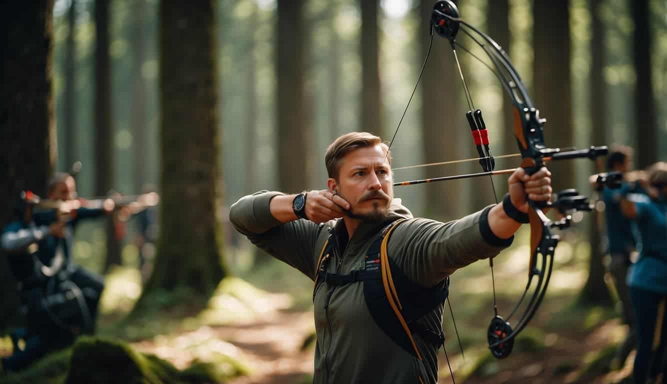 An archery competition in a German forest, with targets set up among tall trees and participants taking aim with their bows