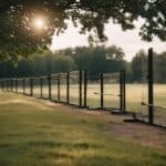 An outdoor archery range with safety barriers and clear signage