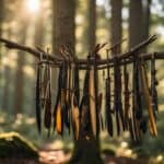 A quiver filled with arrows hangs from a tree branch, while a bow lies on the ground next to it. The scene is set in a forest clearing, with dappled sunlight filtering through the trees