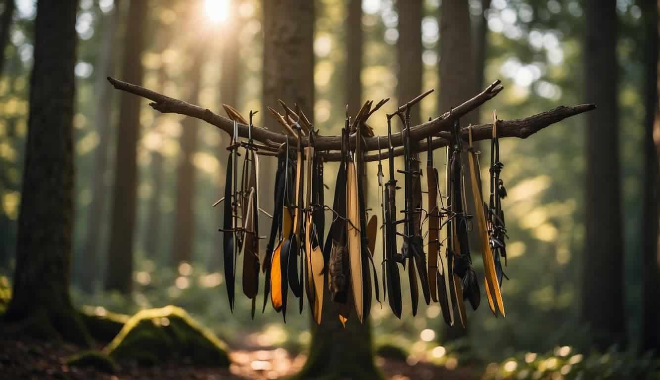 A quiver filled with arrows hangs from a tree branch, while a bow lies on the ground next to it. The scene is set in a forest clearing, with dappled sunlight filtering through the trees