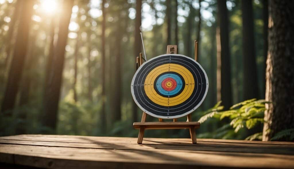 An archery target set up in a tranquil forest clearing, with a beginner's bow and arrows laid out on a wooden table nearby