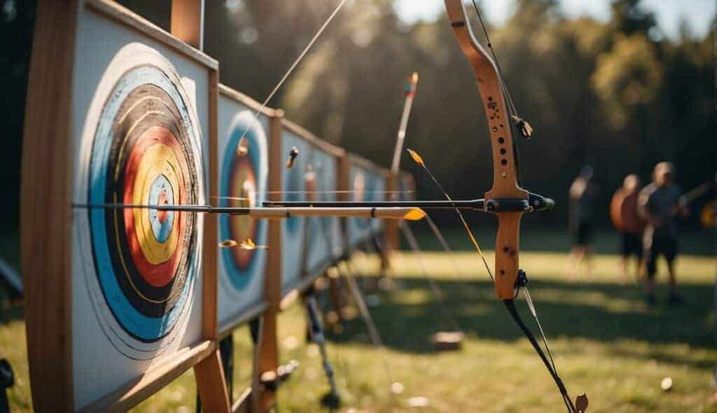 A beginner archery class shows progress with targets and arrows on a sunny outdoor range