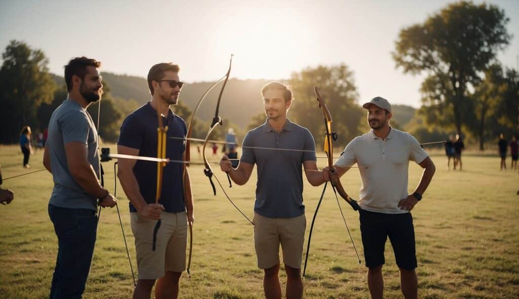 A group of beginners learning archery in a community setting. Targets set up in an open field with instructors guiding the participants