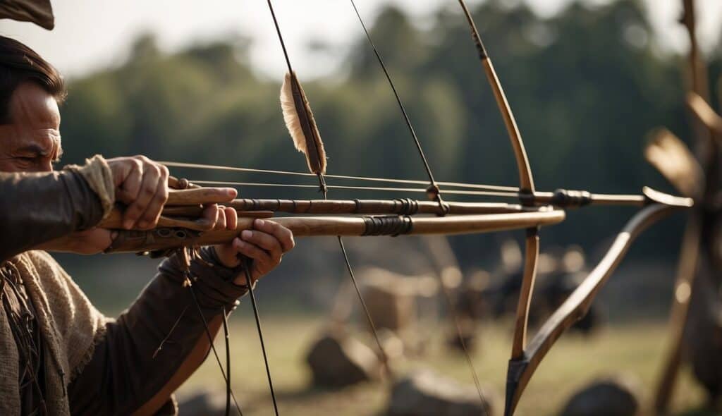 A bow and arrow being used in ancient times, with historical artifacts and tools surrounding the archery equipment