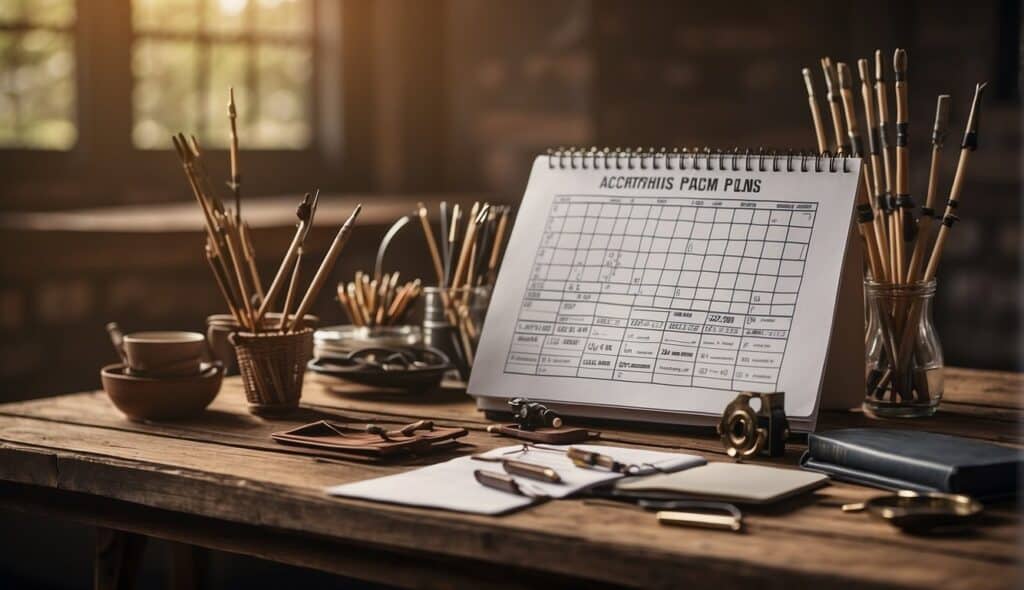 A table with a bow, arrows, and targets. A notebook with training plans and schedules. A focused atmosphere with equipment ready for archery competitions