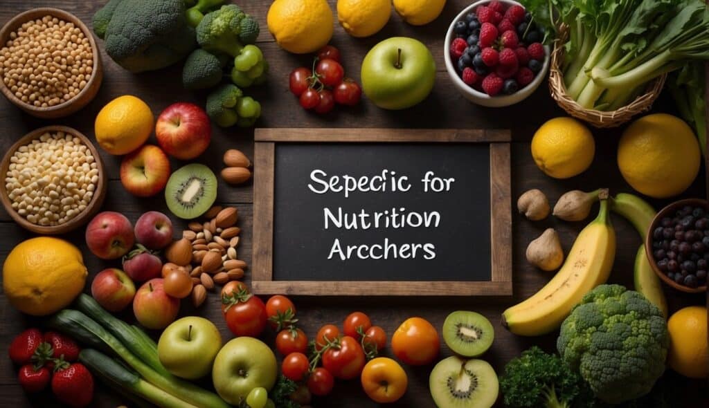 A bow and arrow laid out next to a selection of healthy foods, such as fruits, vegetables, and lean proteins, with a sign reading "Specific Nutrition Tips for Archers."