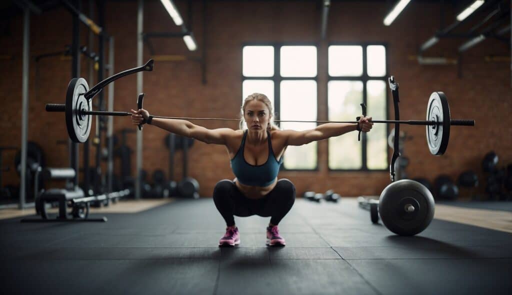 A bow and arrow being used in a training session with weights and exercise equipment nearby. Nutritious foods and supplements are also present