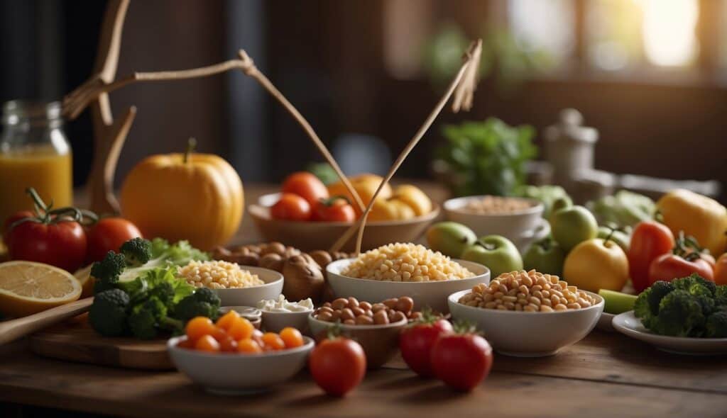 A bow and arrow laid next to a table with healthy food options. An arrow hitting a target bullseye in the background