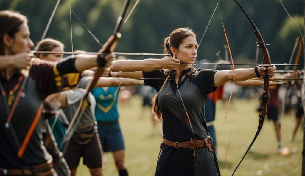 A crowded archery competition with colorful targets and archers aiming their bows