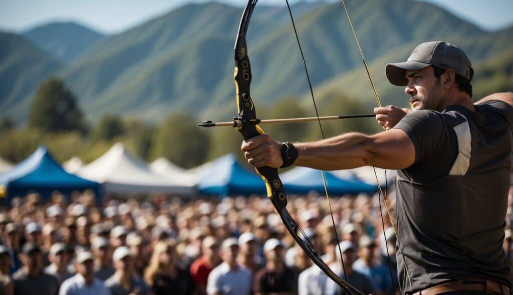 A crowded archery competition, with tense competitors and cheering spectators, set against a backdrop of rolling hills and a clear blue sky