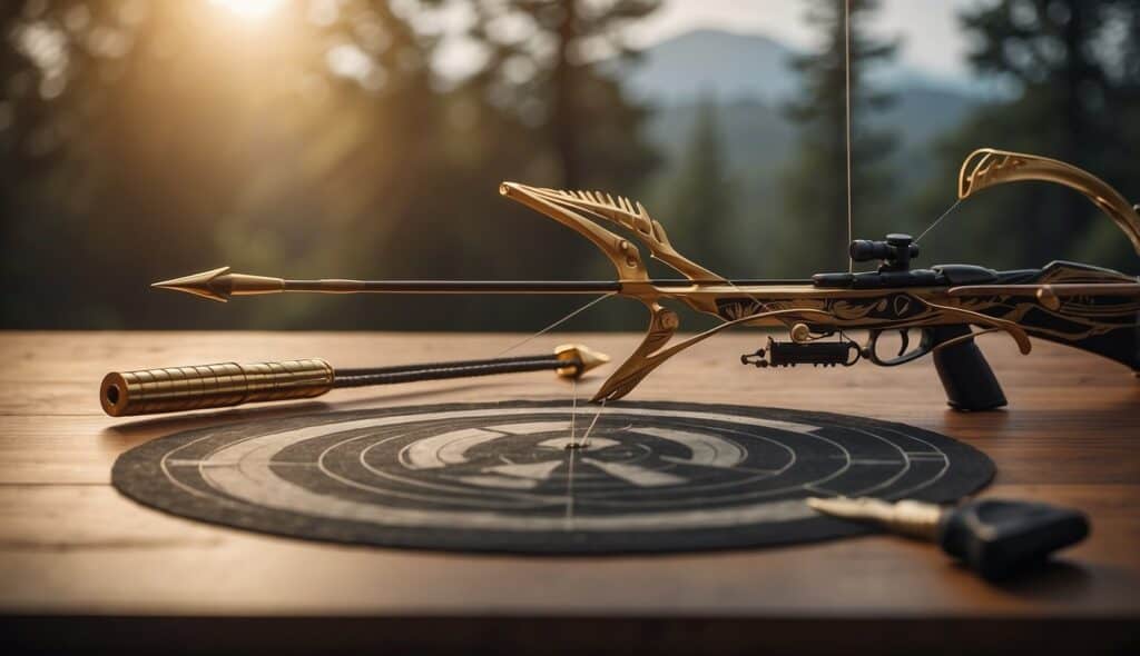 A woman's bow and arrow set laid out on a table, with targets and competition rules in the background