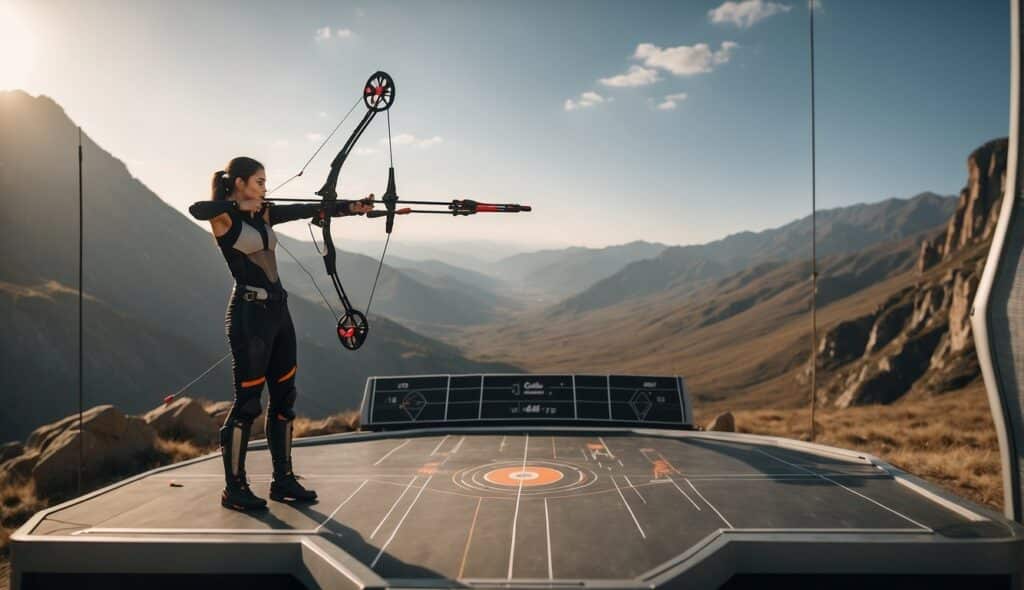 A futuristic archery range with advanced bows and targets, showcasing the growing role of women in the sport