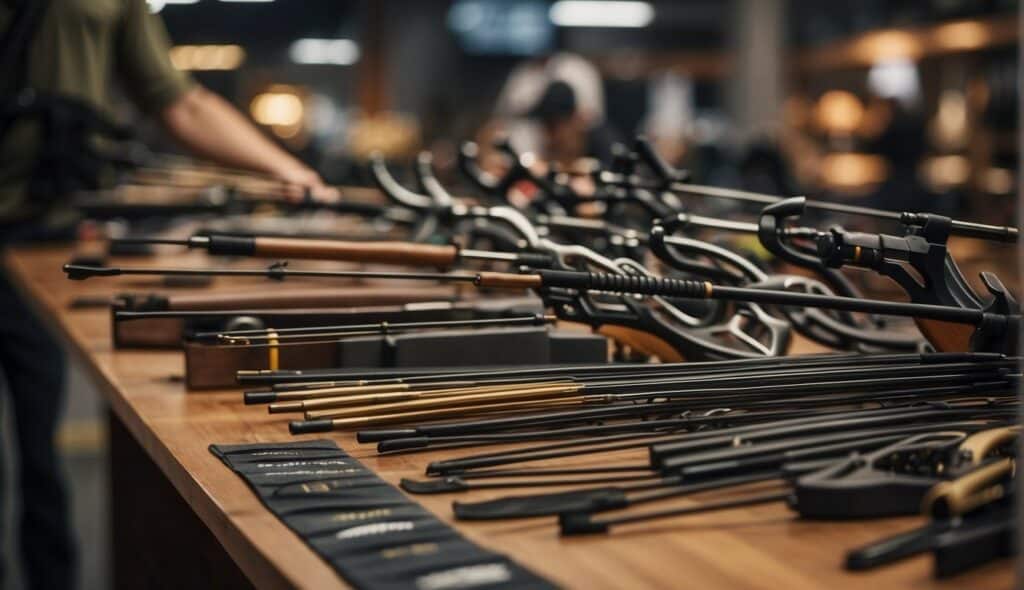 A table displays various types of archery equipment, including bows, arrows, and protective gear. A person examines the items, considering their choices for their archery needs