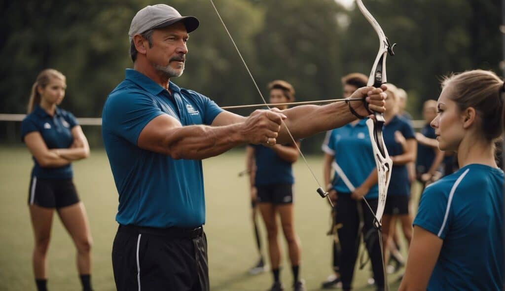 An archery coach demonstrates injury prevention techniques to a group of athletes in a club setting