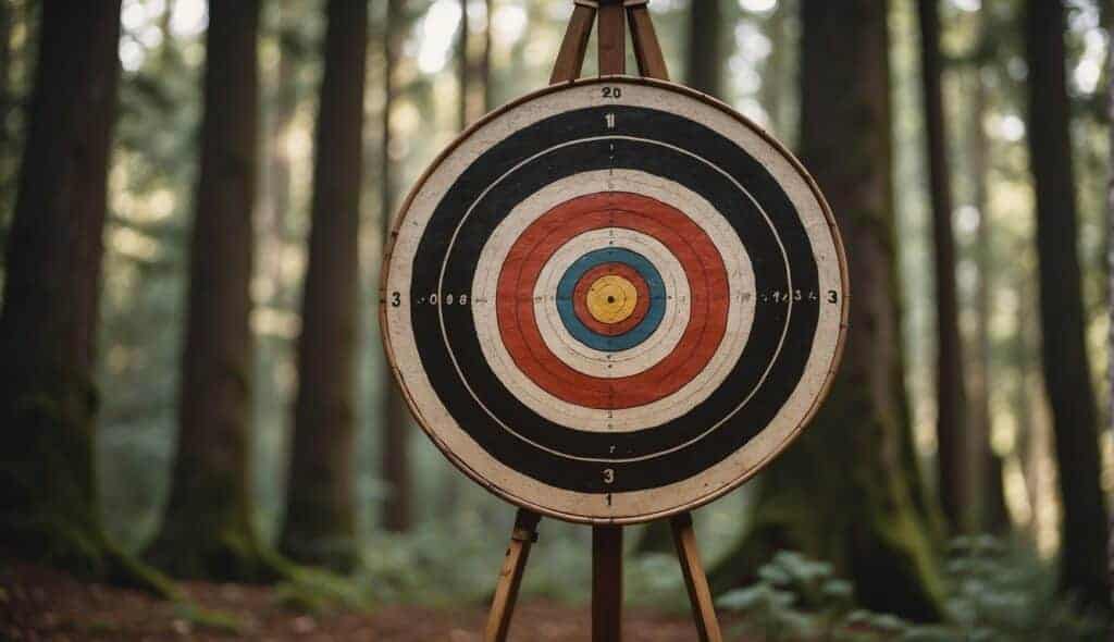 A traditional archery target set against a forest backdrop, with arrows sticking out of the bullseye and a traditional bow leaning against a nearby tree