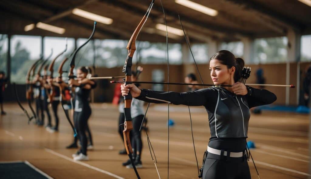 An archery range with traditional and Olympic bows, targets at varying distances, and a diverse group of archers practicing their skills