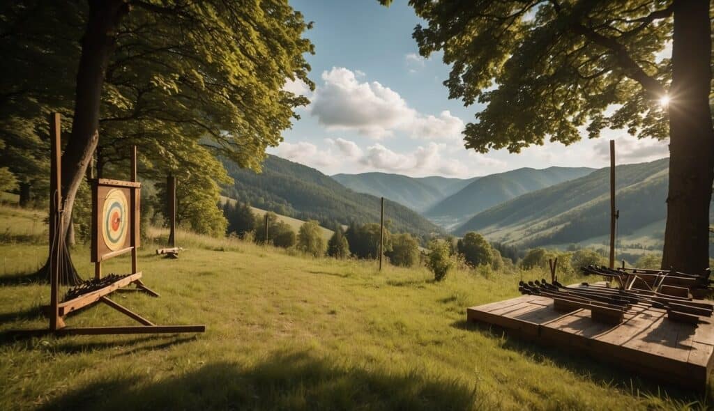 A traditional German archery range with wooden targets and arrow quivers, set against a backdrop of lush green forests and rolling hills