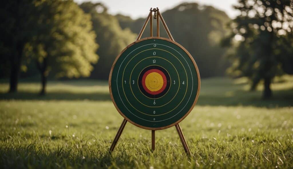 An archery target set up in a lush green field, with arrows sticking out from the bullseye. The bow and quiver are placed nearby, ready for the next shot