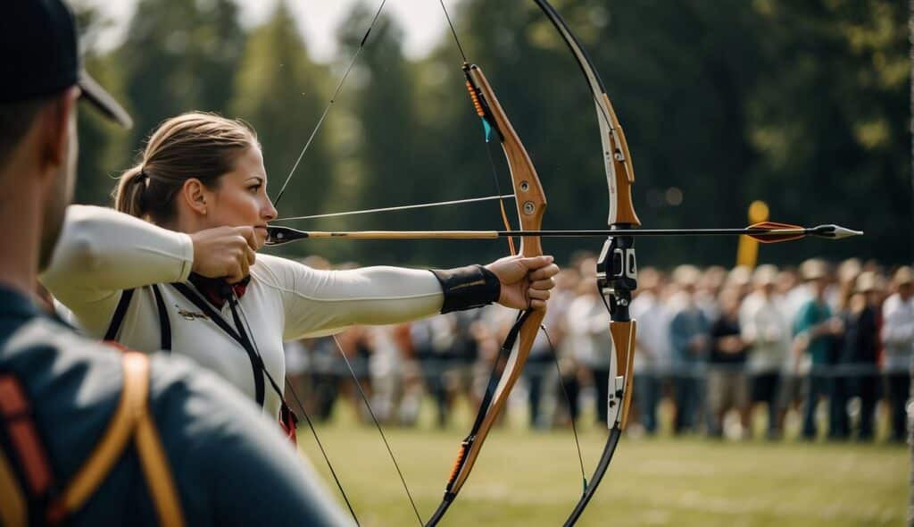 Archery competition in Germany: archers aiming at targets, arrows flying through the air, spectators watching from the sidelines