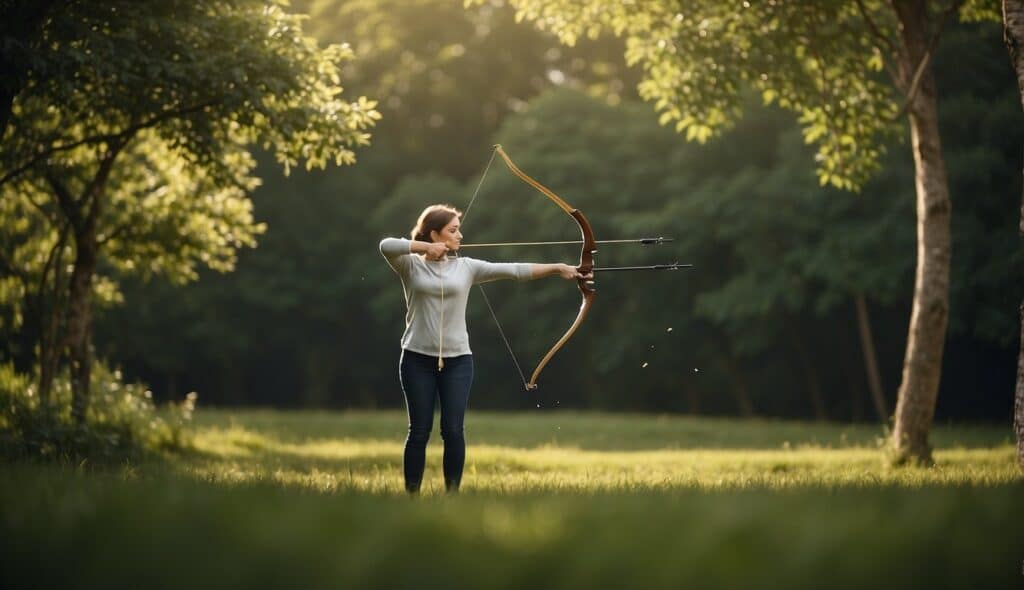 A person draws a bow, aiming at a target in a lush green outdoor setting, with arrows scattered nearby