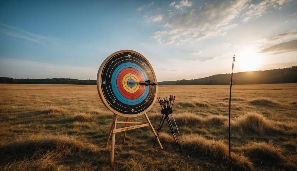 An archery target set up in an open field, with safety signs and equipment nearby