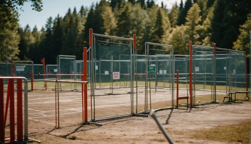 A clear outdoor archery range with safety signs and barriers