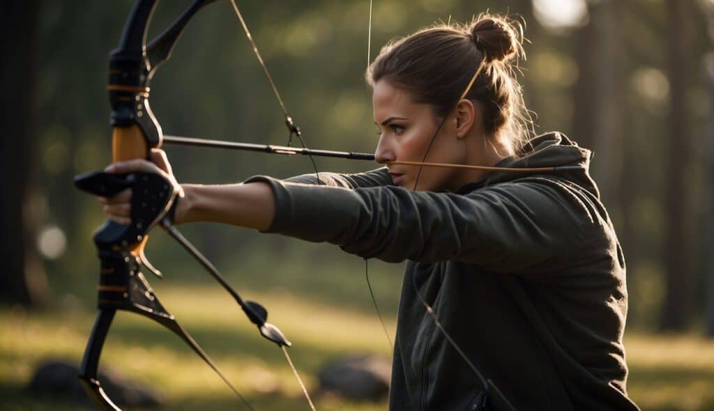 A person is outdoors practicing archery with a focus on safety. The scene includes a target, bow, arrows, and a clear, open space