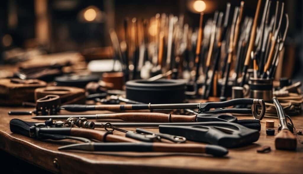 A table displays various tools and materials for archers: bows, arrows, quivers, and other accessories