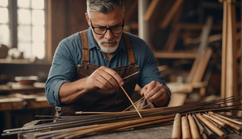 A craftsman acquires and constructs bows and arrows using various materials